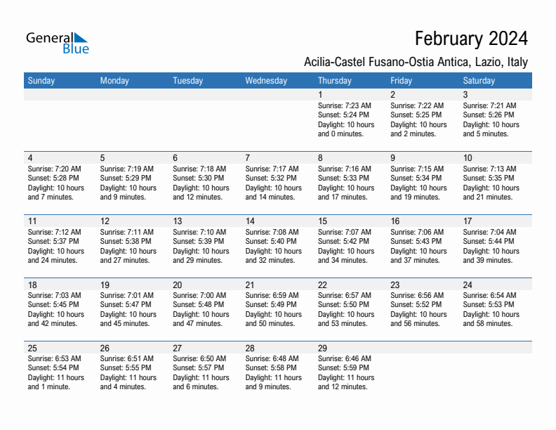 Acilia-Castel Fusano-Ostia Antica February 2024 sunrise and sunset calendar in PDF, Excel, and Word