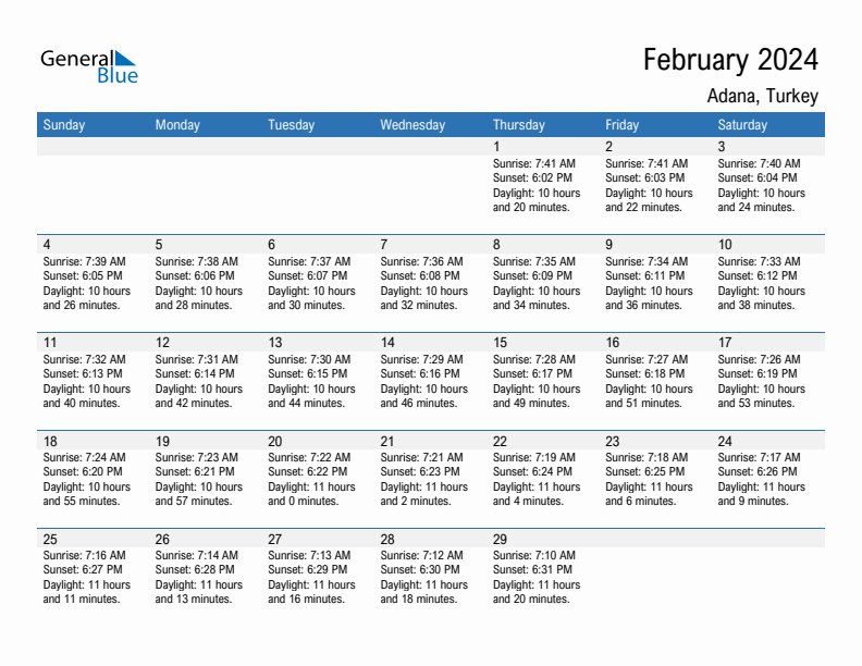 Adana February 2024 sunrise and sunset calendar in PDF, Excel, and Word