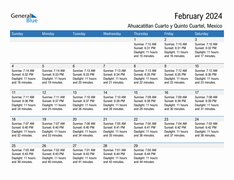 Ahuacatitlan Cuarto y Quinto Cuartel February 2024 sunrise and sunset calendar in PDF, Excel, and Word