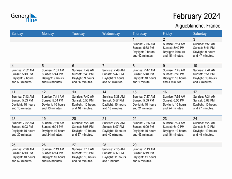 Aigueblanche February 2024 sunrise and sunset calendar in PDF, Excel, and Word