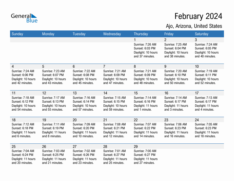 Ajo February 2024 sunrise and sunset calendar in PDF, Excel, and Word