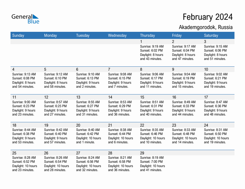 Akademgorodok February 2024 sunrise and sunset calendar in PDF, Excel, and Word