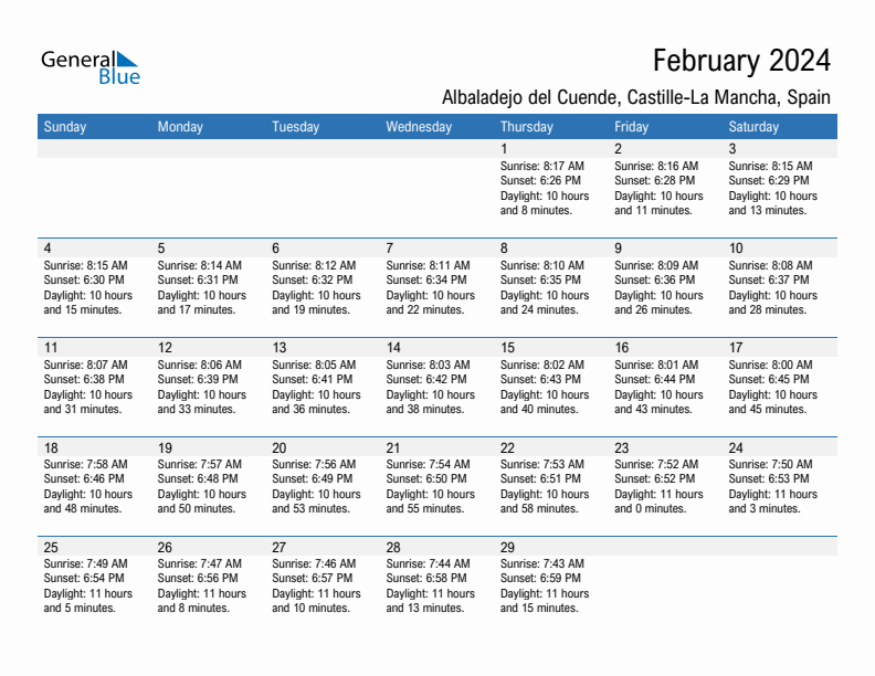 Albaladejo del Cuende February 2024 sunrise and sunset calendar in PDF, Excel, and Word