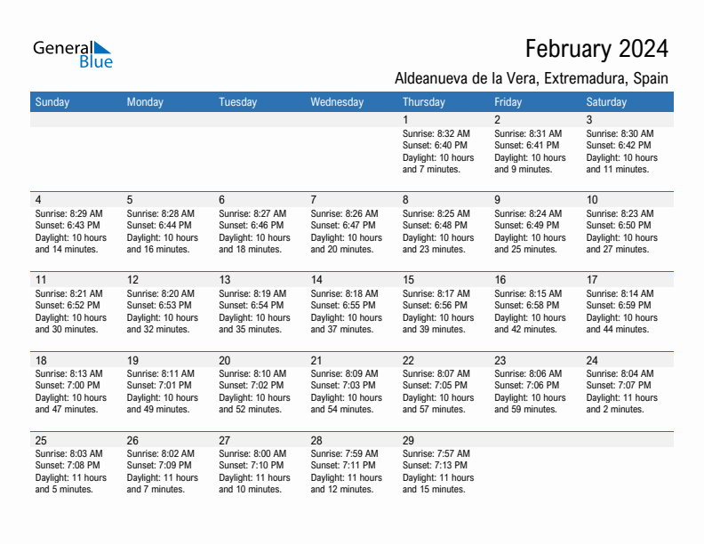 Aldeanueva de la Vera February 2024 sunrise and sunset calendar in PDF, Excel, and Word