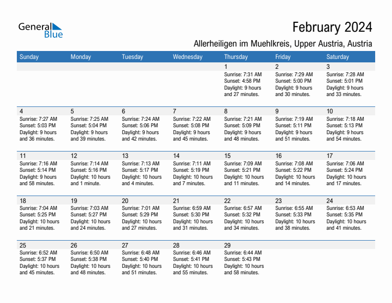 Allerheiligen im Muehlkreis February 2024 sunrise and sunset calendar in PDF, Excel, and Word