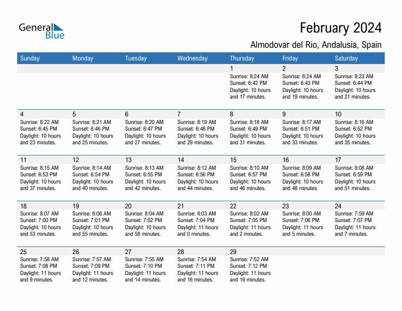 Almodovar del Rio February 2024 sunrise and sunset calendar in PDF, Excel, and Word