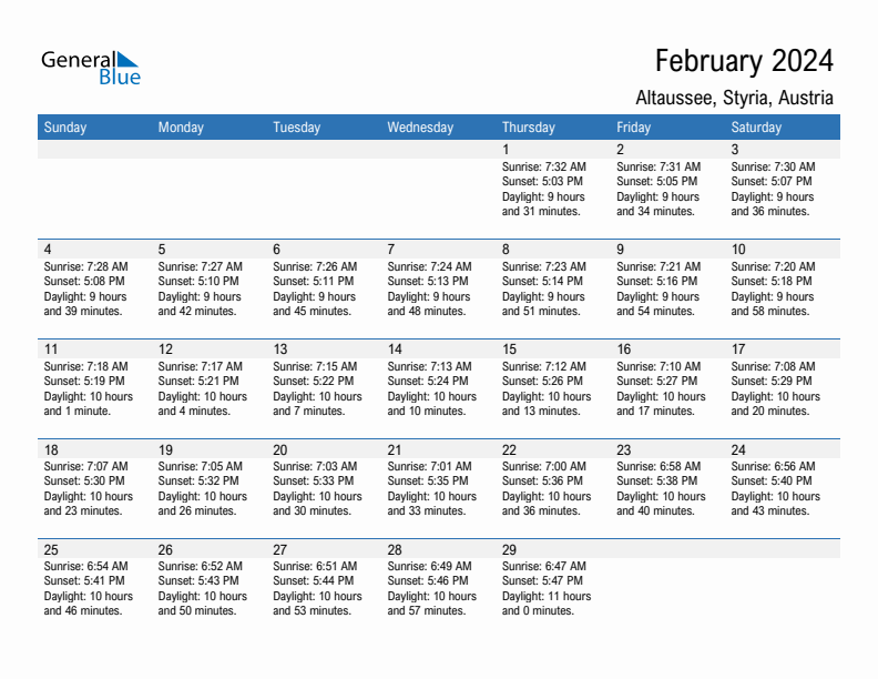 Altaussee February 2024 sunrise and sunset calendar in PDF, Excel, and Word