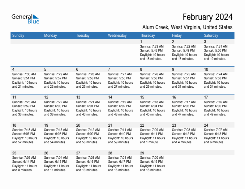 Alum Creek February 2024 sunrise and sunset calendar in PDF, Excel, and Word