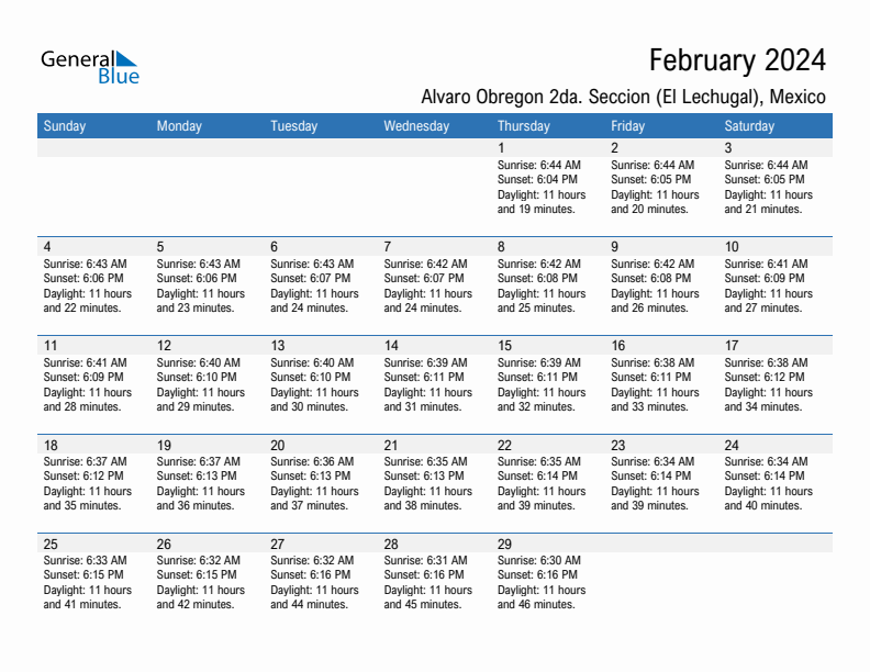 Alvaro Obregon 2da. Seccion (El Lechugal) February 2024 sunrise and sunset calendar in PDF, Excel, and Word