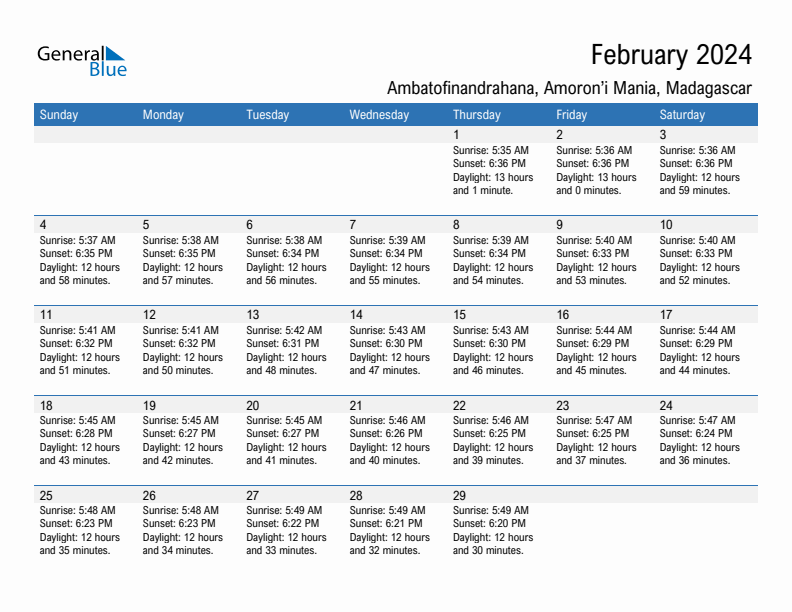 Ambatofinandrahana February 2024 sunrise and sunset calendar in PDF, Excel, and Word