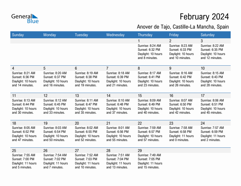 Anover de Tajo February 2024 sunrise and sunset calendar in PDF, Excel, and Word