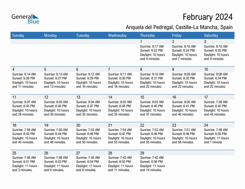 Anquela del Pedregal February 2024 sunrise and sunset calendar in PDF, Excel, and Word