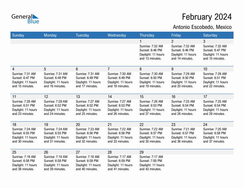 Antonio Escobedo February 2024 sunrise and sunset calendar in PDF, Excel, and Word