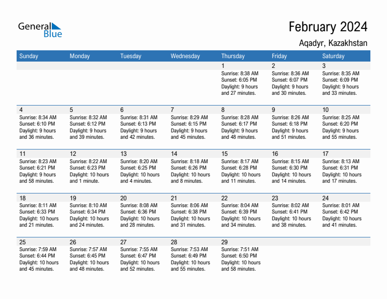 Aqadyr February 2024 sunrise and sunset calendar in PDF, Excel, and Word