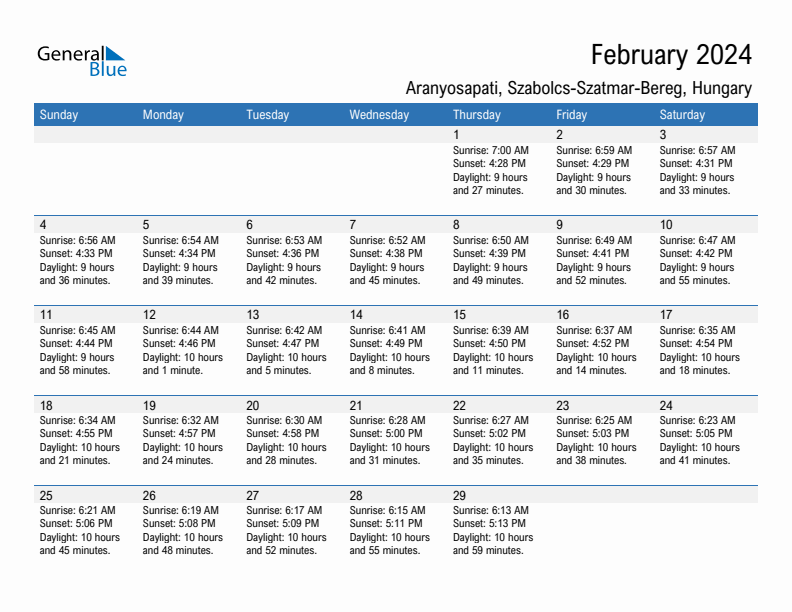 Aranyosapati February 2024 sunrise and sunset calendar in PDF, Excel, and Word