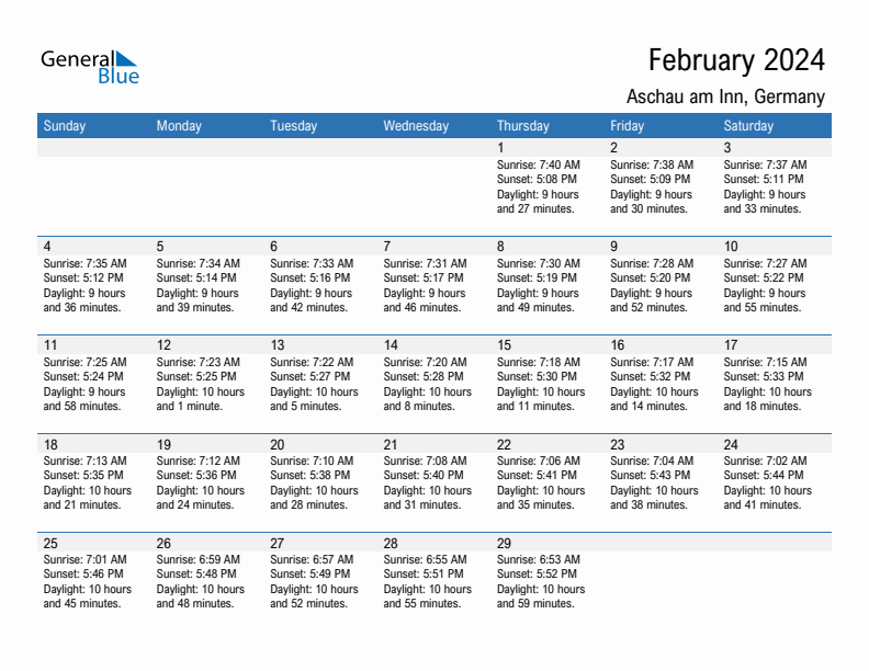 Aschau am Inn February 2024 sunrise and sunset calendar in PDF, Excel, and Word