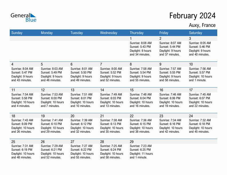 Auxy February 2024 sunrise and sunset calendar in PDF, Excel, and Word