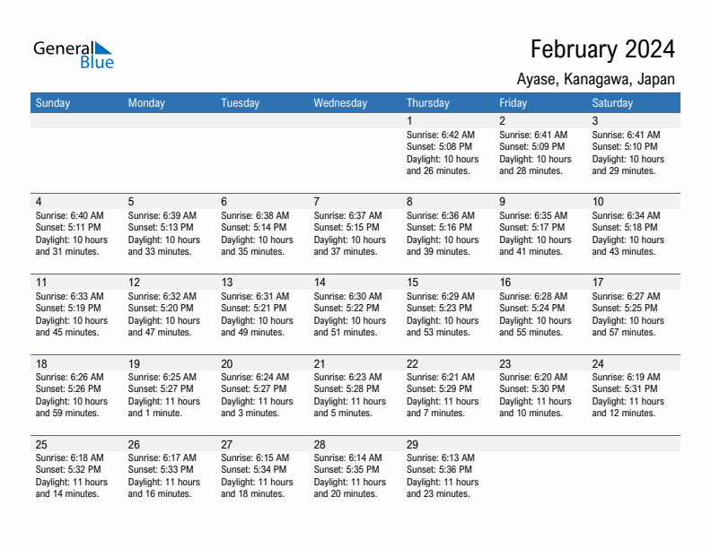 Ayase February 2024 sunrise and sunset calendar in PDF, Excel, and Word