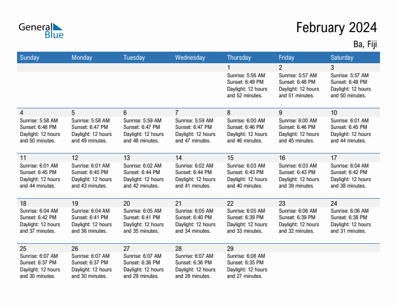 Ba February 2024 sunrise and sunset calendar in PDF, Excel, and Word