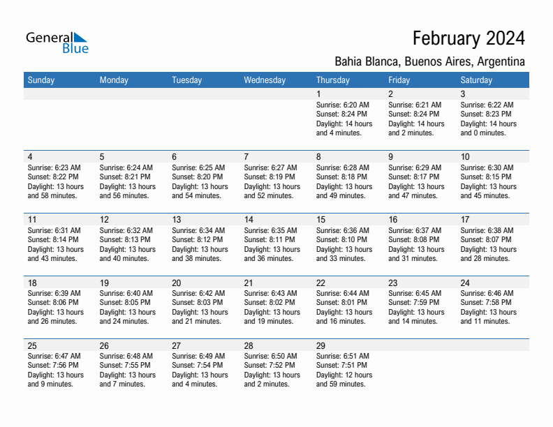 Bahia Blanca February 2024 sunrise and sunset calendar in PDF, Excel, and Word