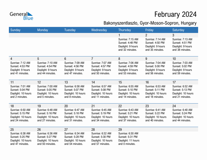 Bakonyszentlaszlo February 2024 sunrise and sunset calendar in PDF, Excel, and Word