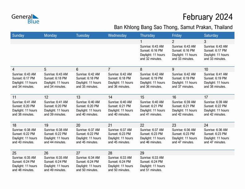 Ban Khlong Bang Sao Thong February 2024 sunrise and sunset calendar in PDF, Excel, and Word