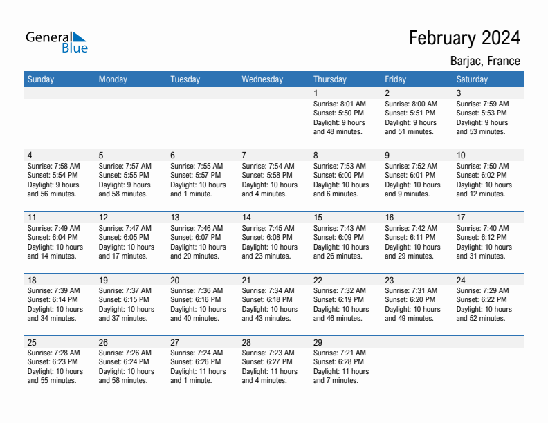 Barjac February 2024 sunrise and sunset calendar in PDF, Excel, and Word