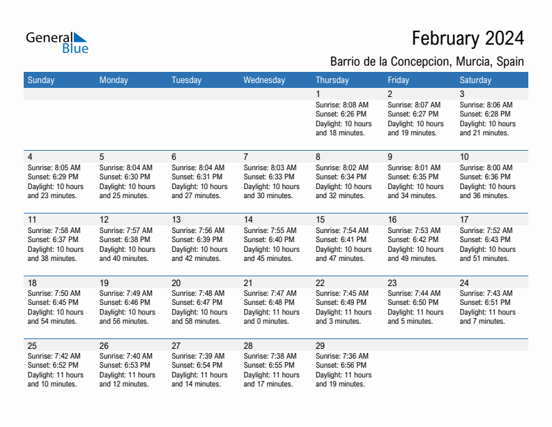 Barrio de la Concepcion February 2024 sunrise and sunset calendar in PDF, Excel, and Word