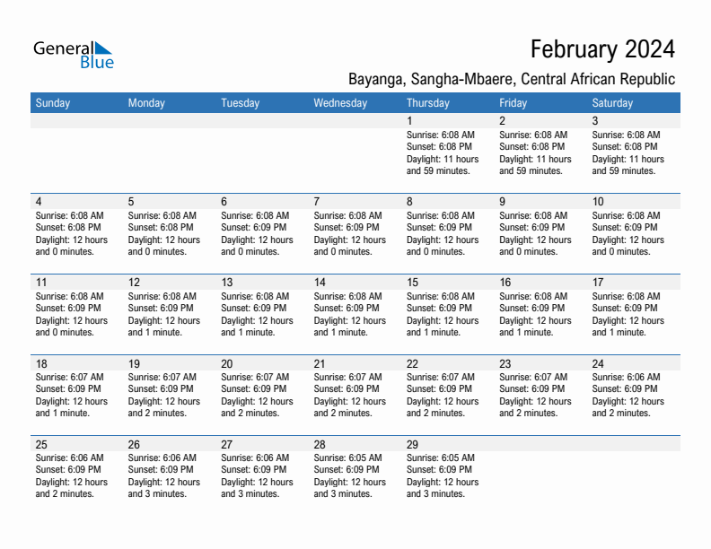 Bayanga February 2024 sunrise and sunset calendar in PDF, Excel, and Word