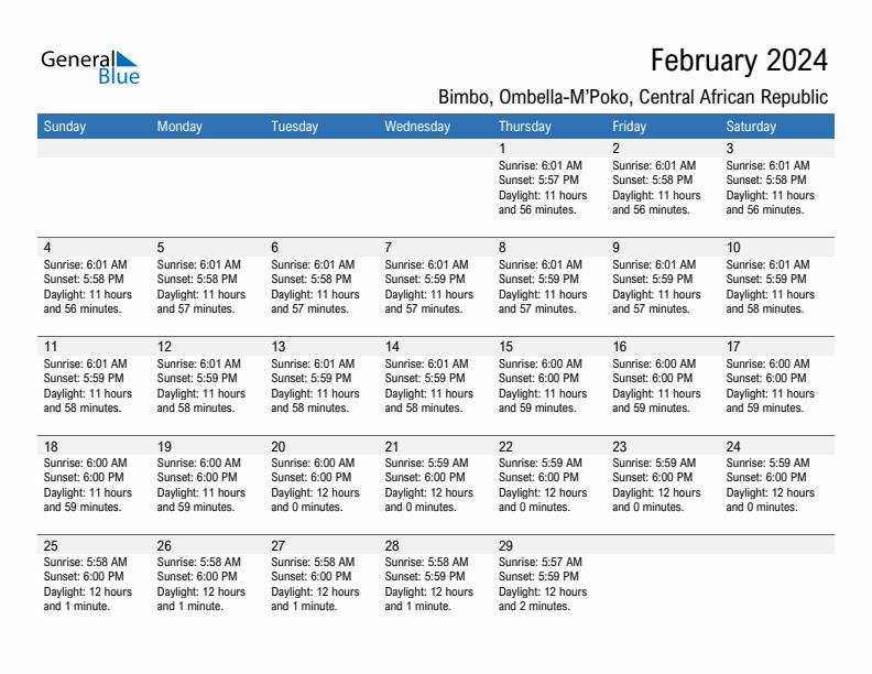 Bimbo February 2024 sunrise and sunset calendar in PDF, Excel, and Word