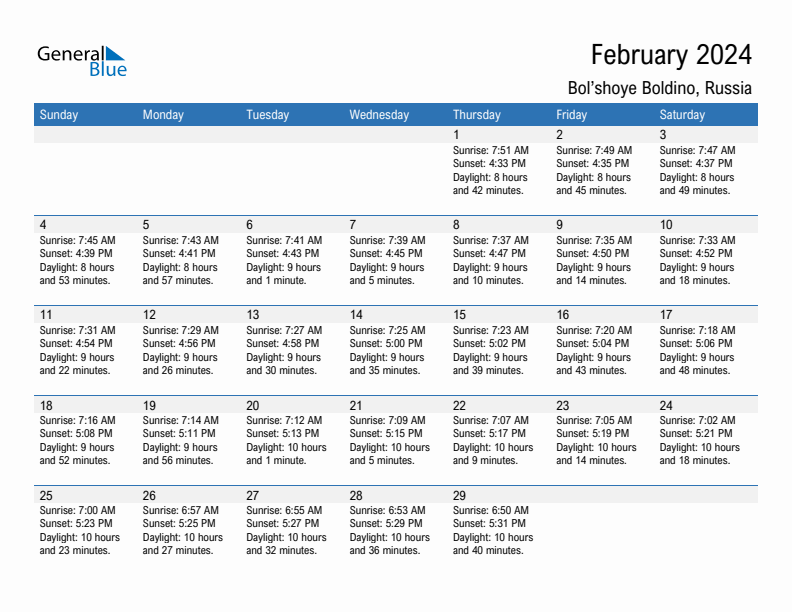 Bol'shoye Boldino February 2024 sunrise and sunset calendar in PDF, Excel, and Word