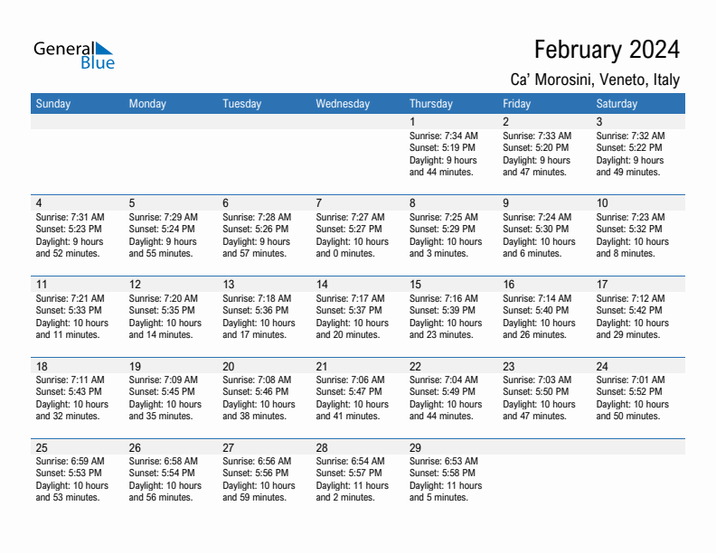 Ca' Morosini February 2024 sunrise and sunset calendar in PDF, Excel, and Word