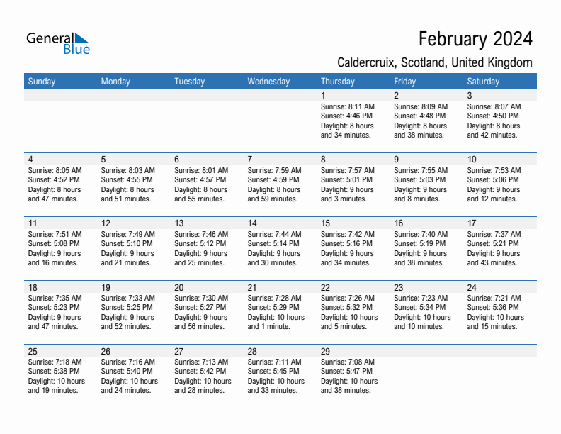 Caldercruix February 2024 sunrise and sunset calendar in PDF, Excel, and Word