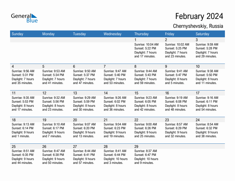 Chernyshevskiy February 2024 sunrise and sunset calendar in PDF, Excel, and Word