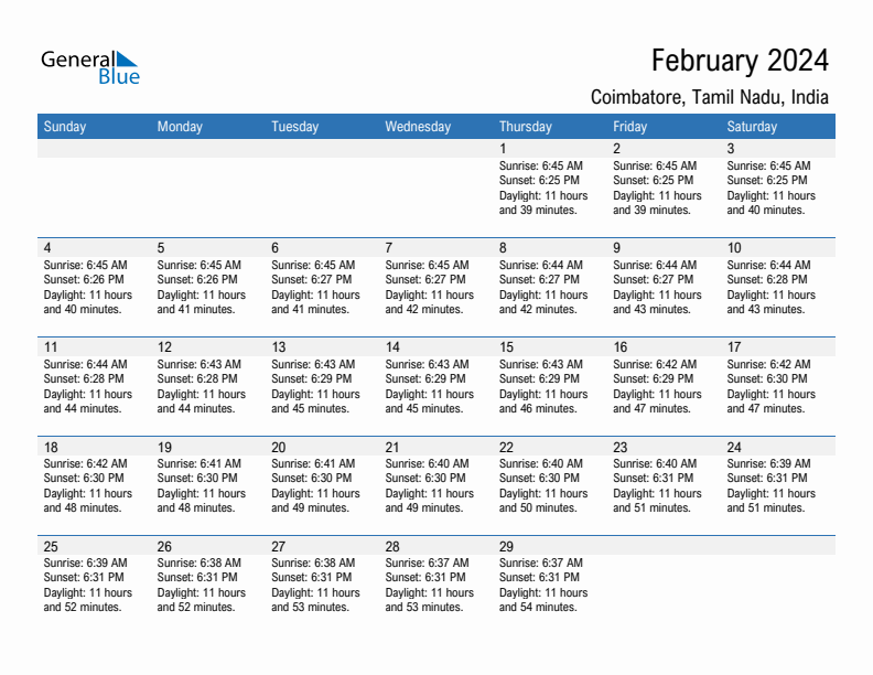 Coimbatore February 2024 sunrise and sunset calendar in PDF, Excel, and Word