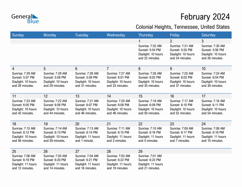 Colonial Heights February 2024 sunrise and sunset calendar in PDF, Excel, and Word