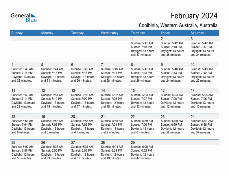 Coolbinia February 2024 sunrise and sunset calendar in PDF, Excel, and Word