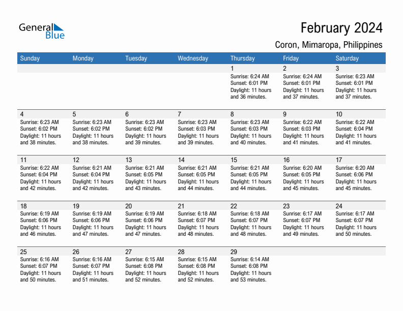 Coron February 2024 sunrise and sunset calendar in PDF, Excel, and Word