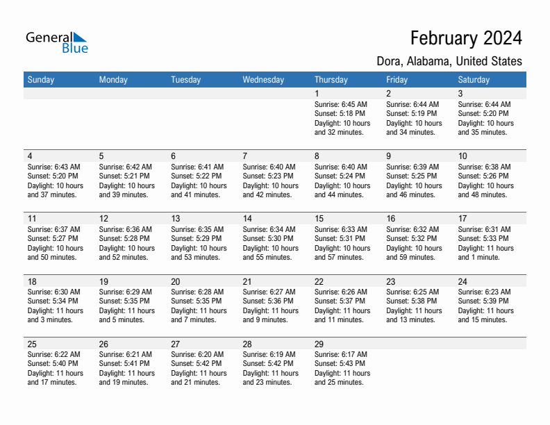 Dora February 2024 sunrise and sunset calendar in PDF, Excel, and Word