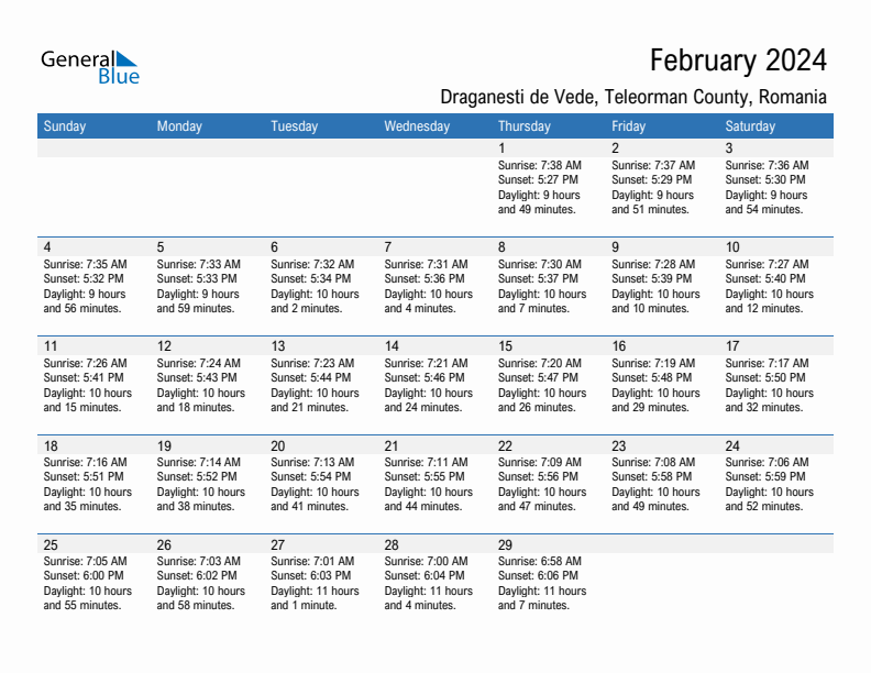 Draganesti de Vede February 2024 sunrise and sunset calendar in PDF, Excel, and Word