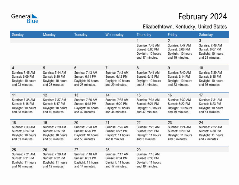 Elizabethtown February 2024 sunrise and sunset calendar in PDF, Excel, and Word