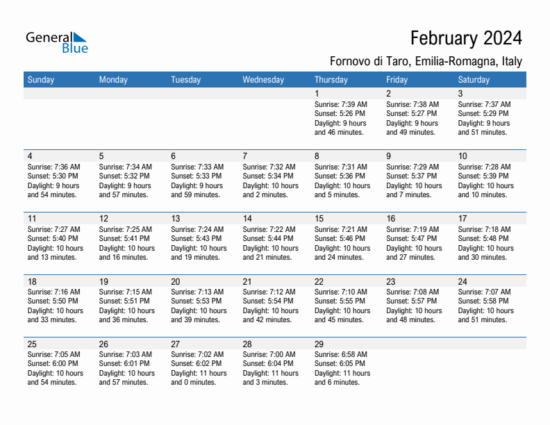 Fornovo di Taro February 2024 sunrise and sunset calendar in PDF, Excel, and Word