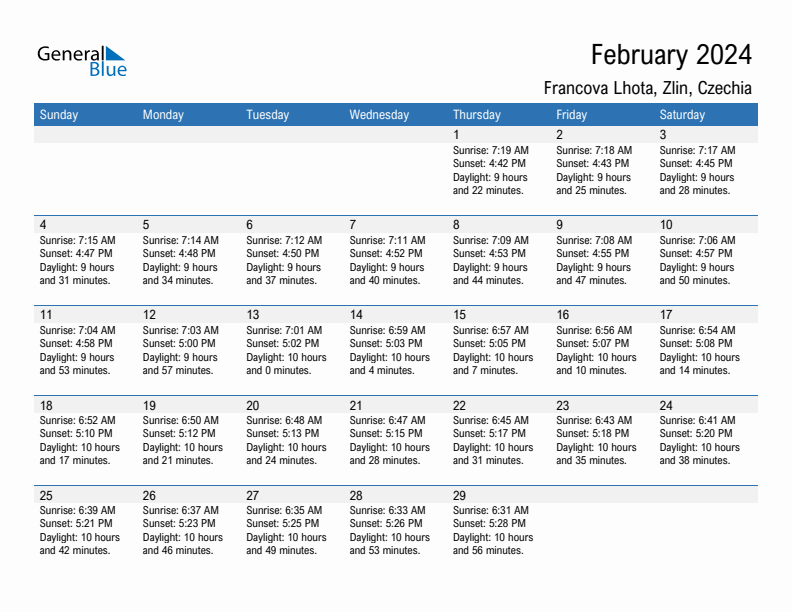 Francova Lhota February 2024 sunrise and sunset calendar in PDF, Excel, and Word