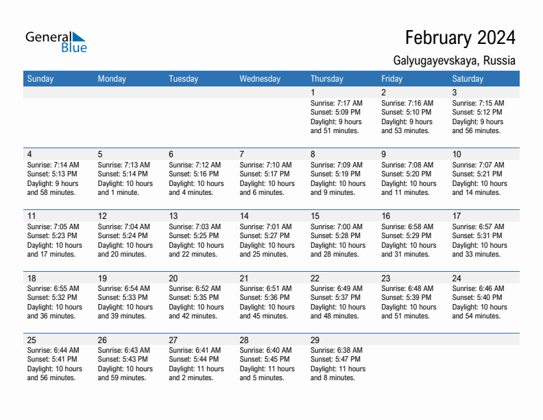 Galyugayevskaya February 2024 sunrise and sunset calendar in PDF, Excel, and Word