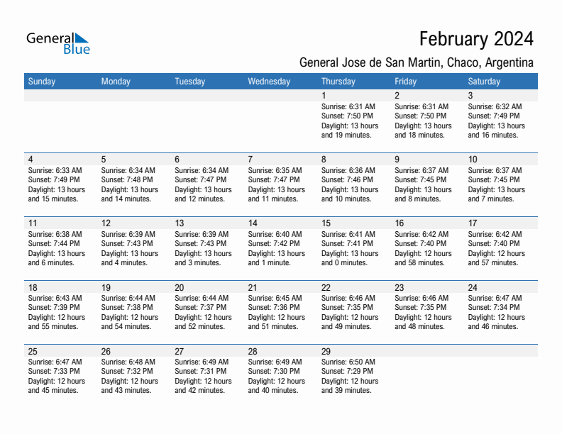 General Jose de San Martin February 2024 sunrise and sunset calendar in PDF, Excel, and Word