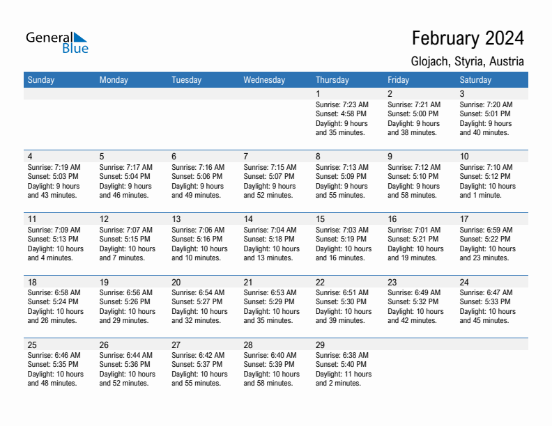 Glojach February 2024 sunrise and sunset calendar in PDF, Excel, and Word