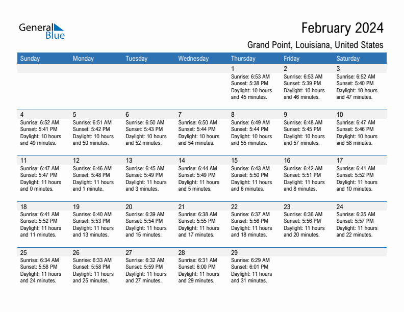 Grand Point February 2024 sunrise and sunset calendar in PDF, Excel, and Word