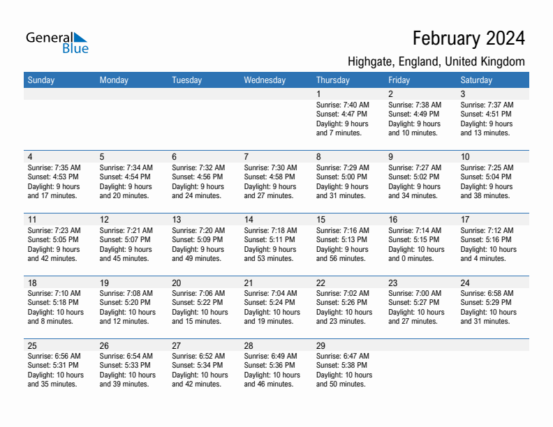 Highgate February 2024 sunrise and sunset calendar in PDF, Excel, and Word