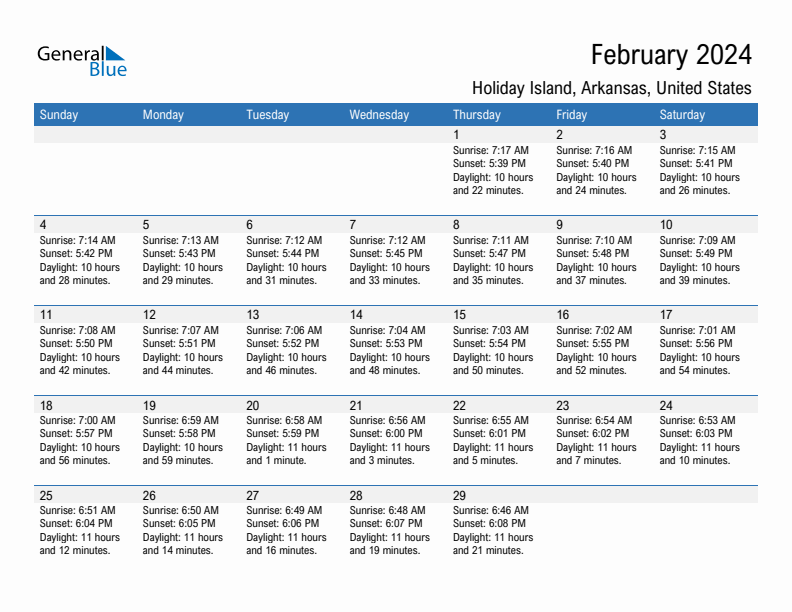 Holiday Island February 2024 sunrise and sunset calendar in PDF, Excel, and Word