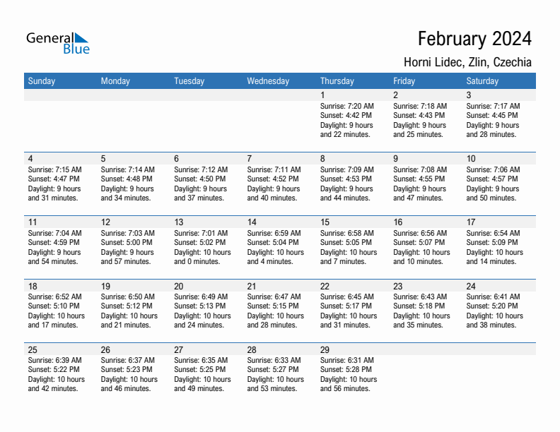 Horni Lidec February 2024 sunrise and sunset calendar in PDF, Excel, and Word